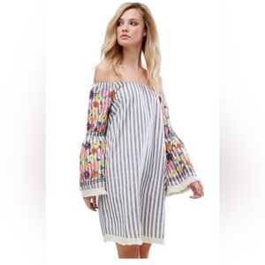 Philosophy grey and white off the shoulder dress with bell sleeves